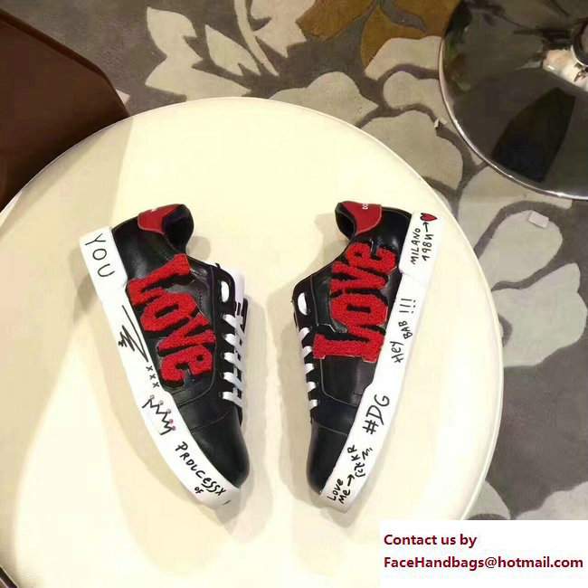 Dolce  &  Gabbana Leather Sneakers Printed And Applique Love Black 2017